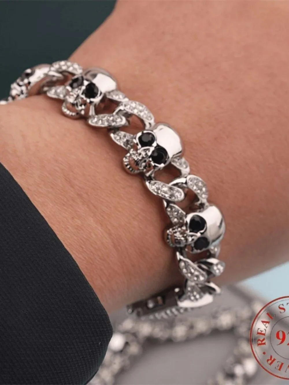 Mens S925 silver gothic skull bracelet Silvery daily wear